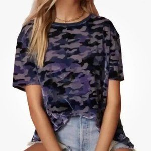 We The Free Womens Camouflage T-Shirt Size Large Purple Blue Velvet Oversized